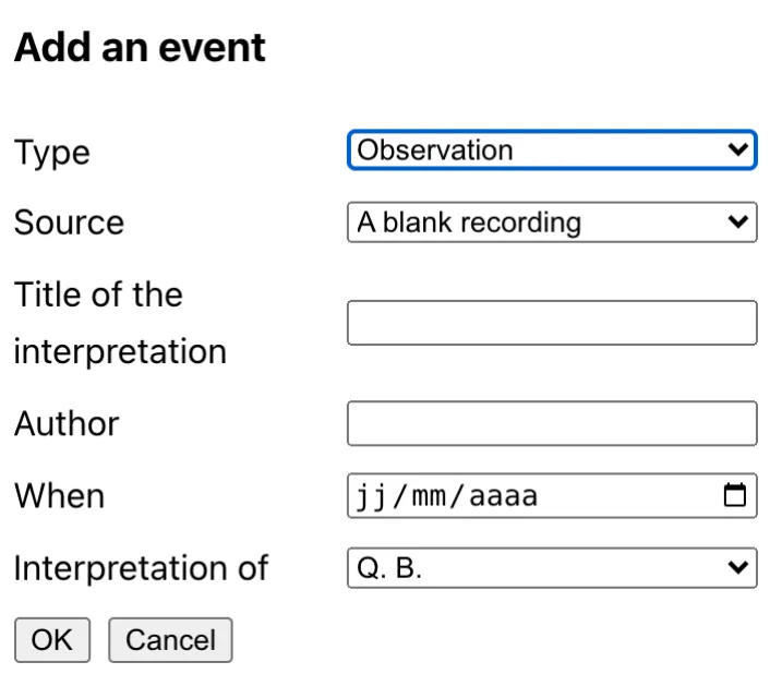 The dialog of the + button: the observation the new one is an interpretation of is chosen.