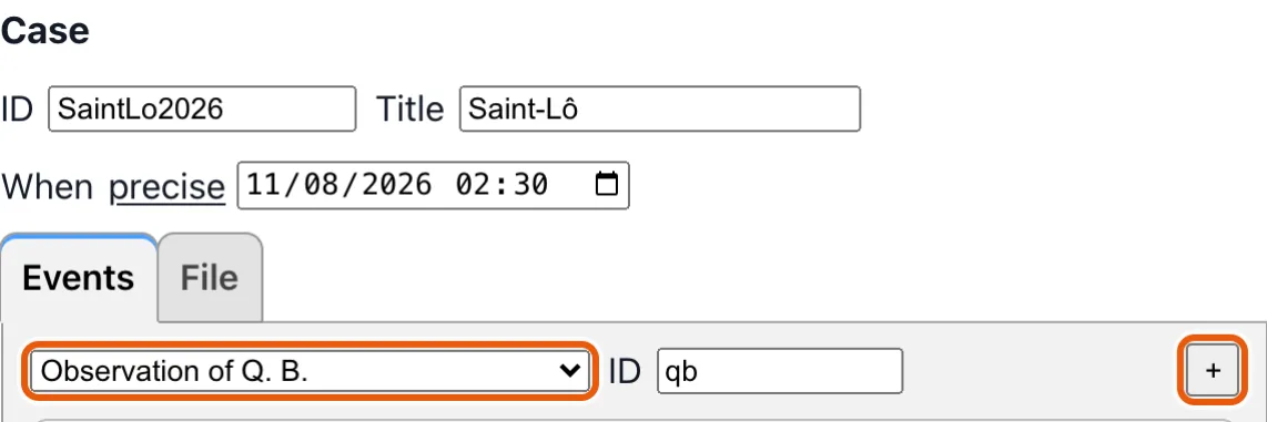 The case editor: the picker of the case's events, and the + that adds one.