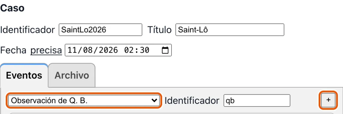 El editor de casos: el selector de los eventos del caso, y el + que añade uno.
