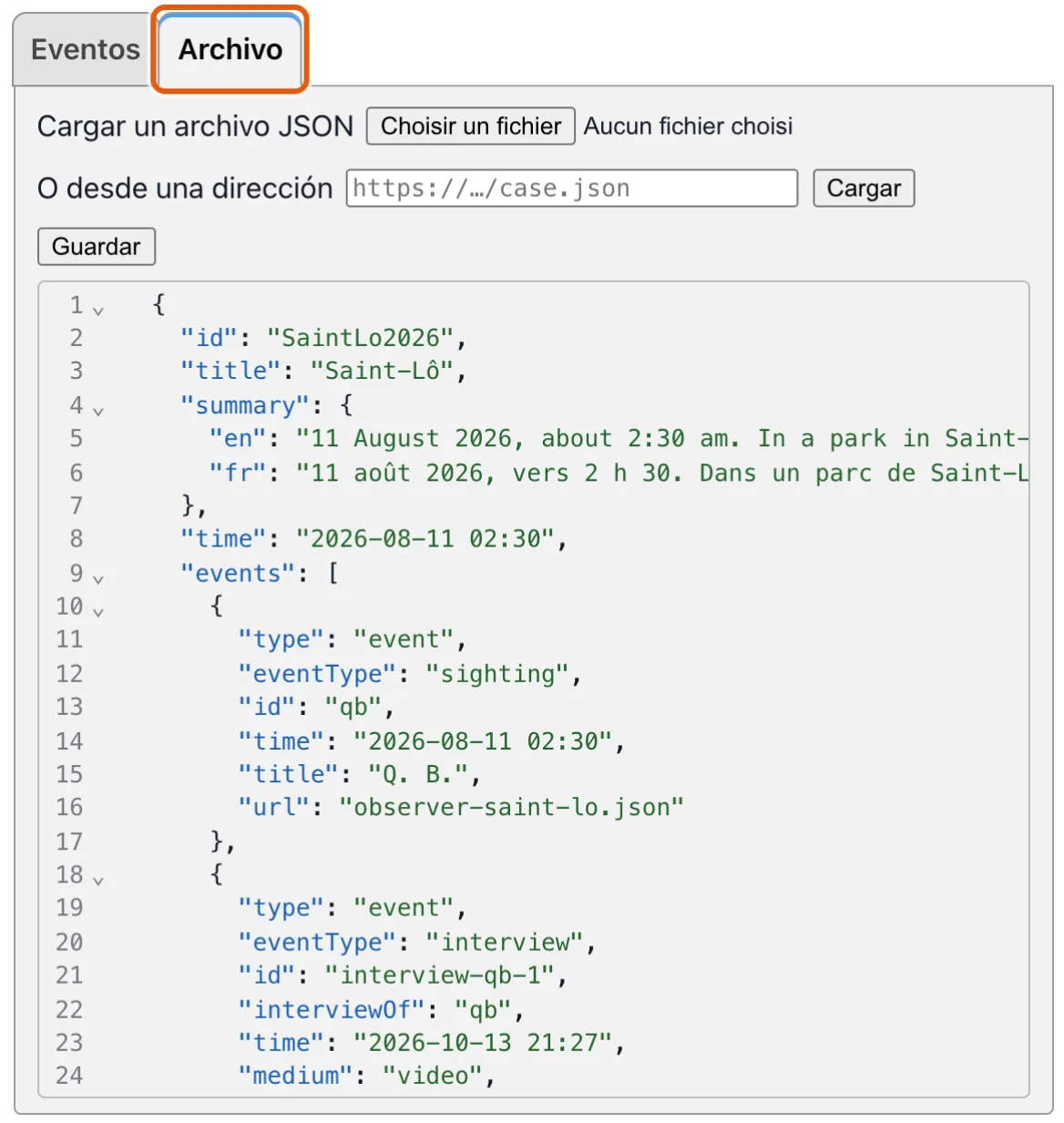 El grupo Archivo del editor de casos: el archivo del caso como texto, completado según su propio esquema.