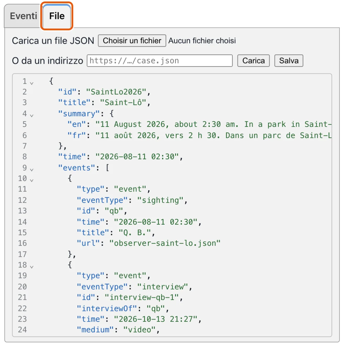 Il gruppo File dell'editor di casi: il file del caso come testo, completato secondo il suo schema.