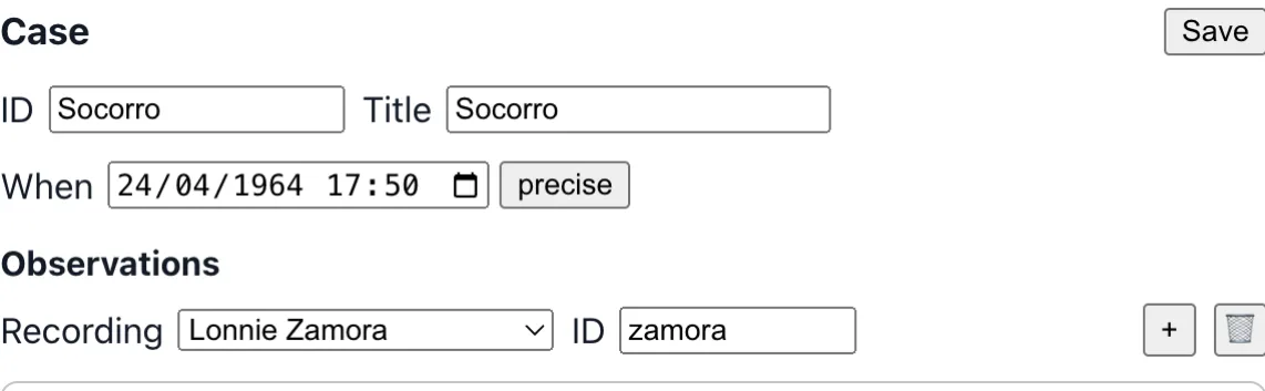 The case at the top of the editor: its identifier, title and date, and the observations it holds.