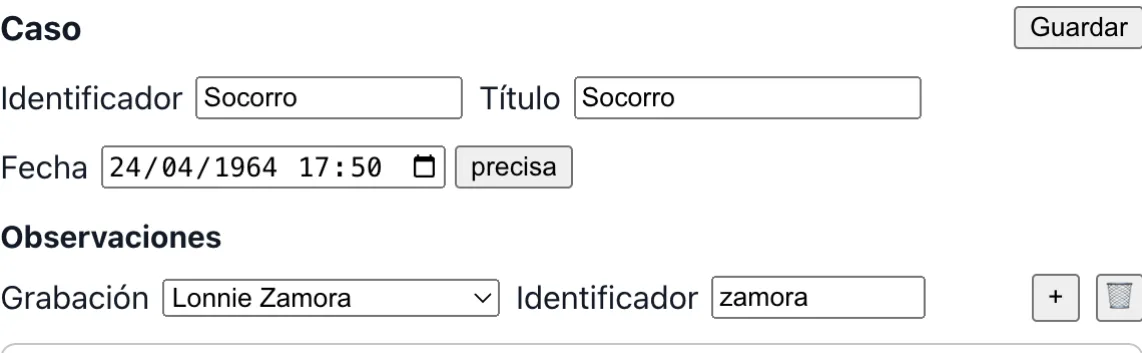 El caso en lo alto del editor: su identificador, su título y su fecha, y las observaciones que contiene.
