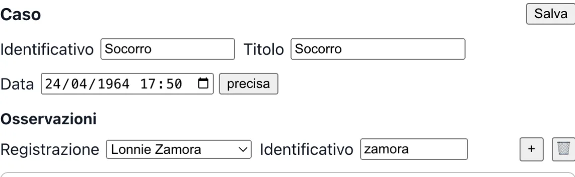Il caso in cima all'editor: il suo identificatore, il suo titolo e la sua data, e le osservazioni che contiene.