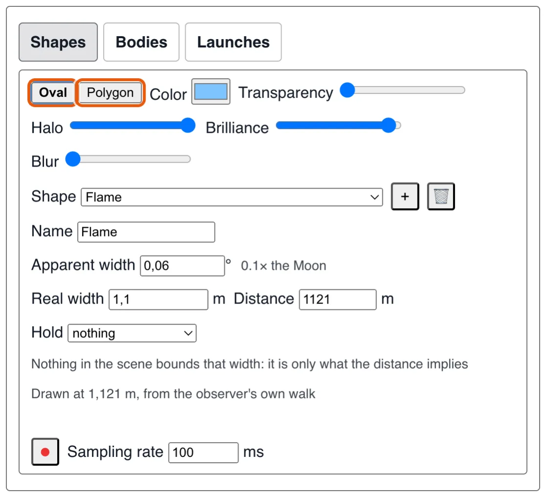 The shape editor: an oval or a polygon, then its colour, halo, size and distance.