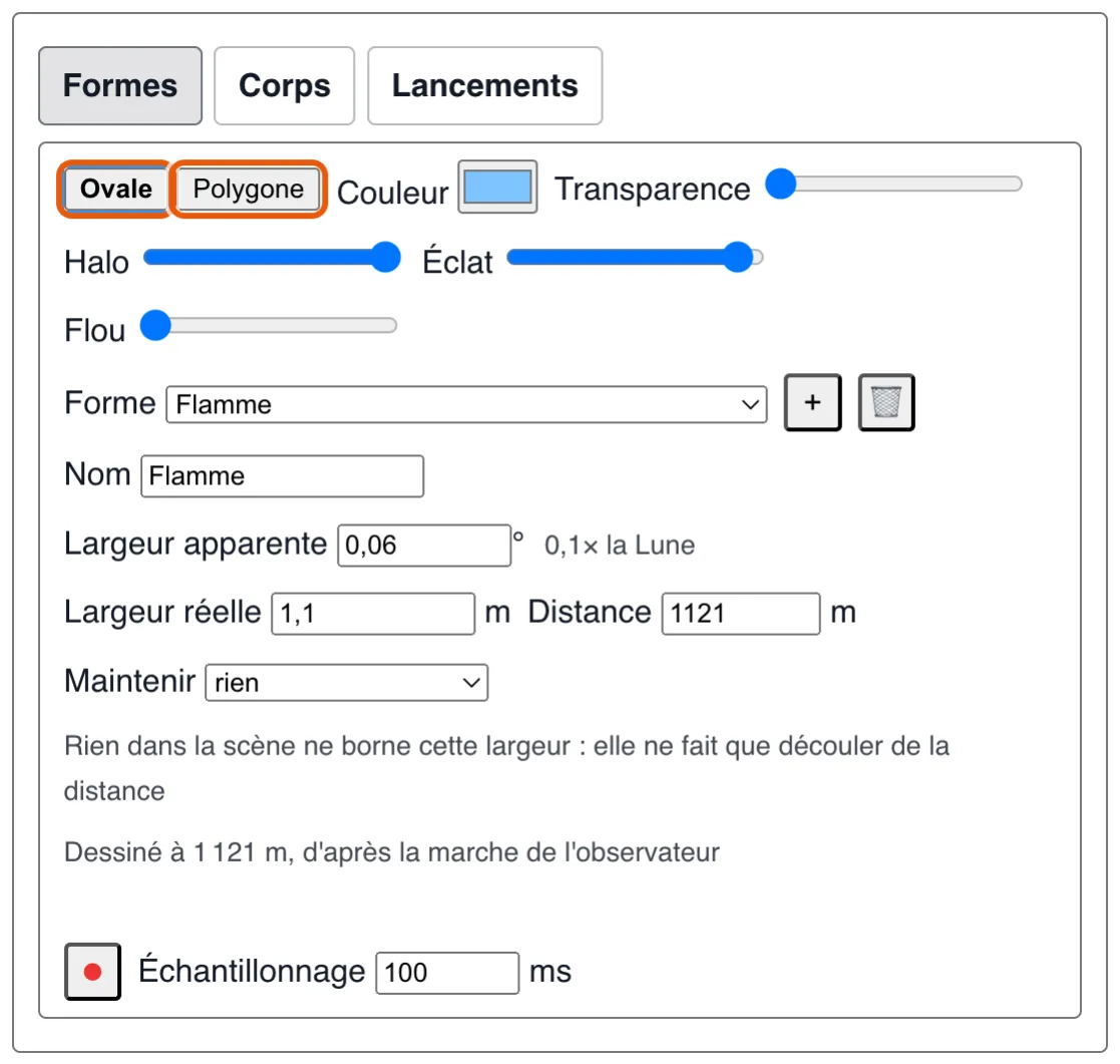 L'éditeur de forme : un ovale ou un polygone, puis sa couleur, son halo, sa taille et sa distance.