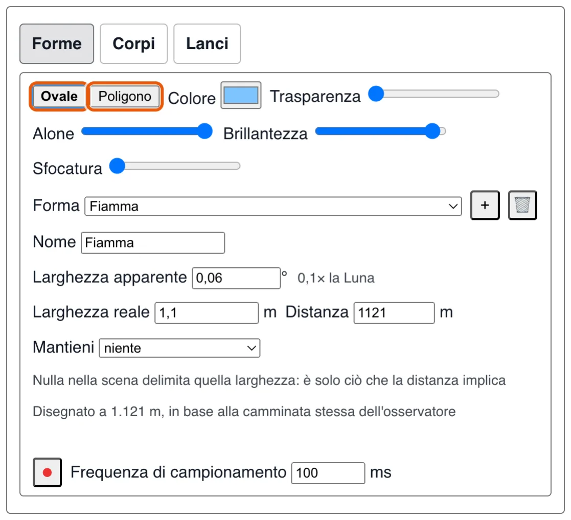 L'editor di forme: un ovale o un poligono, poi il suo colore, il suo alone, la sua dimensione e la sua distanza.