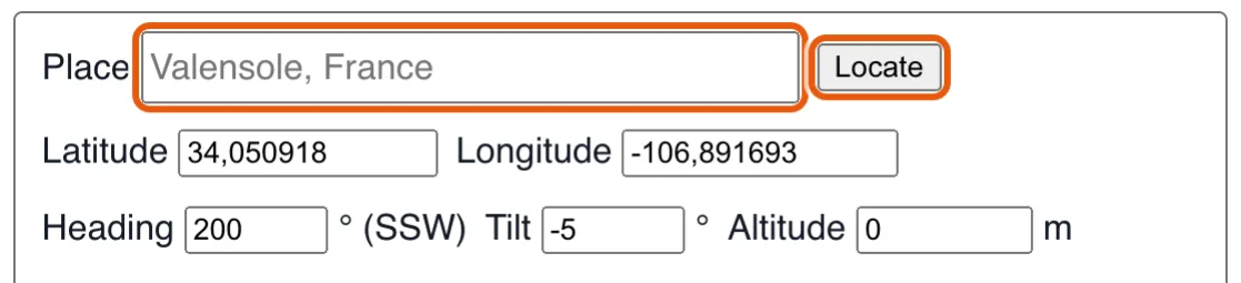 Typing a place name and pressing the locate button fills in the coordinates.