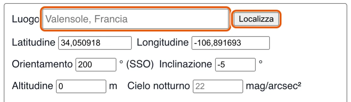 Digitare il nome di un luogo e premere il pulsante di localizzazione compila le coordinate.