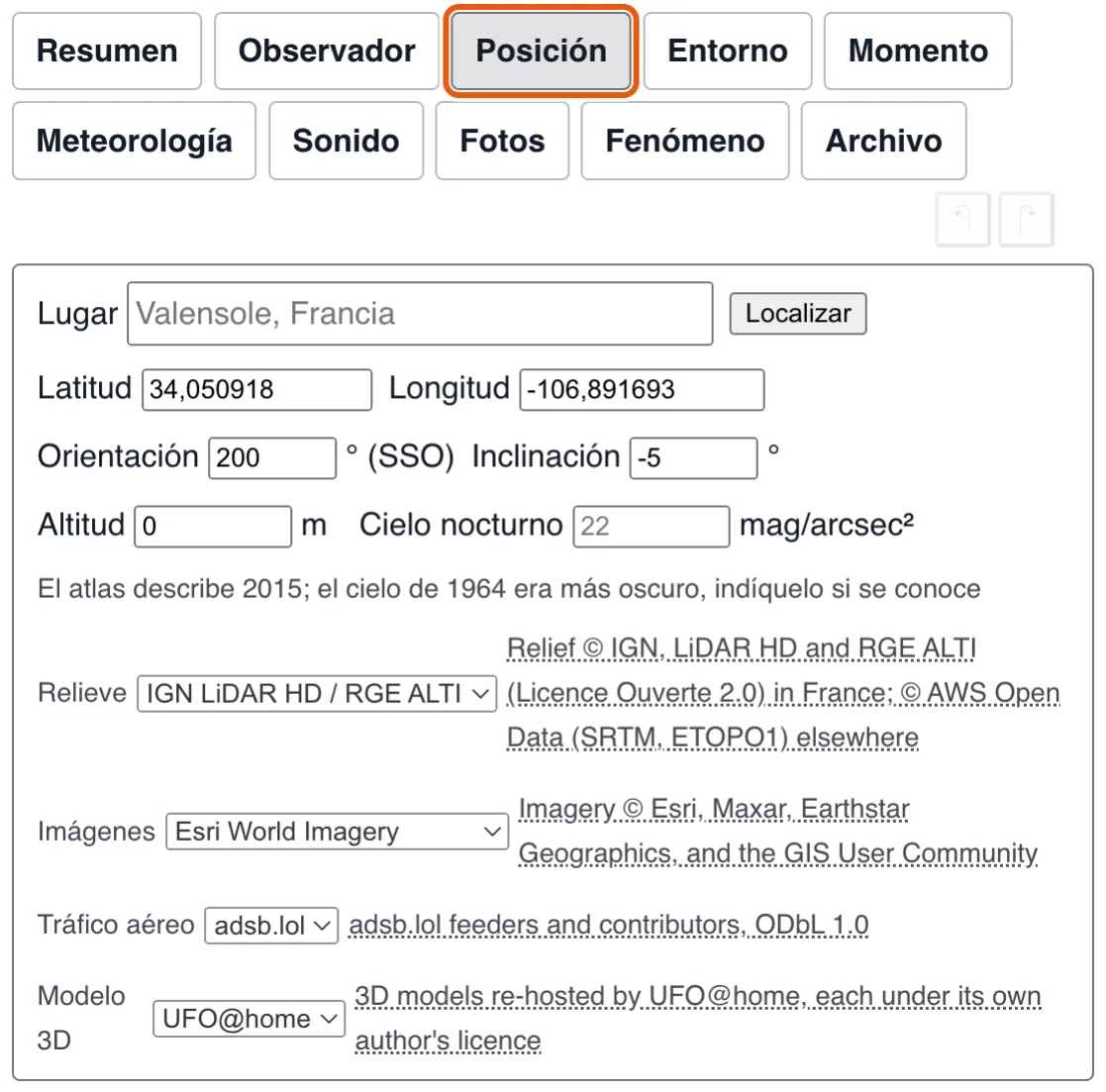 Lugar: dónde estaba el observador, y las fuentes del relieve y de las imágenes alrededor.