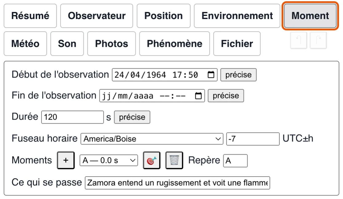 Chronologie : début, fin, durée, fuseau horaire et moments.