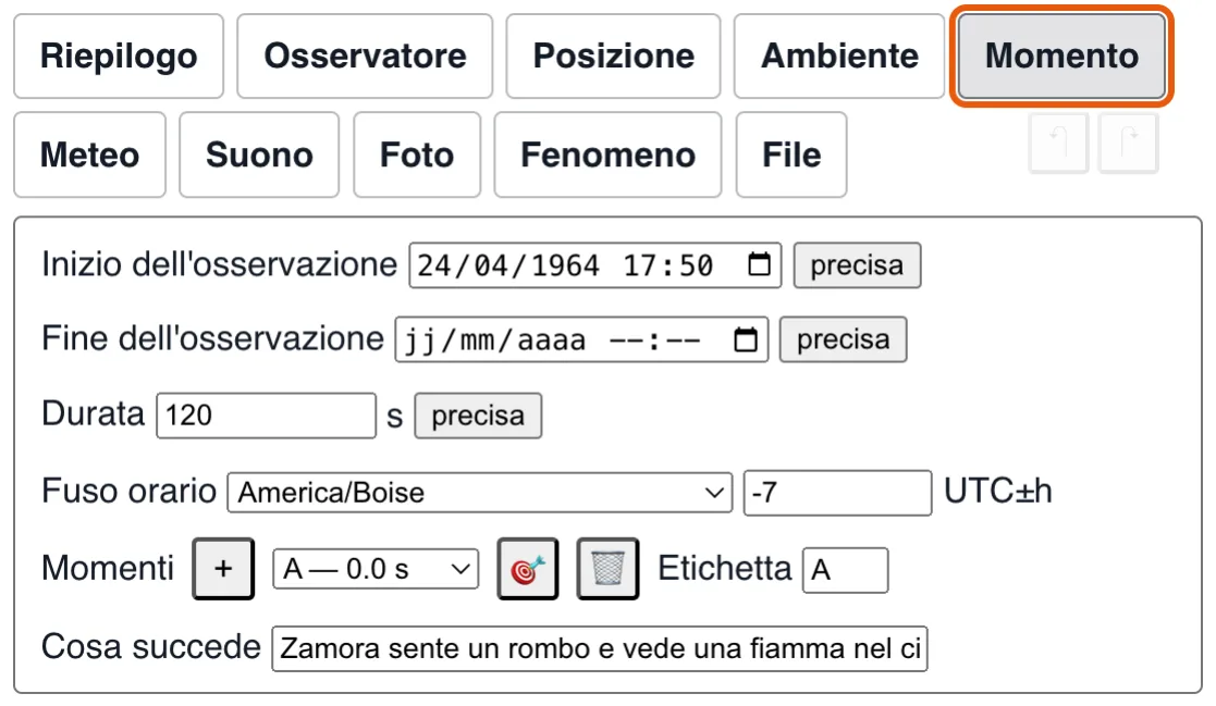 Data: inizio, fine, durata e fuso orario.
