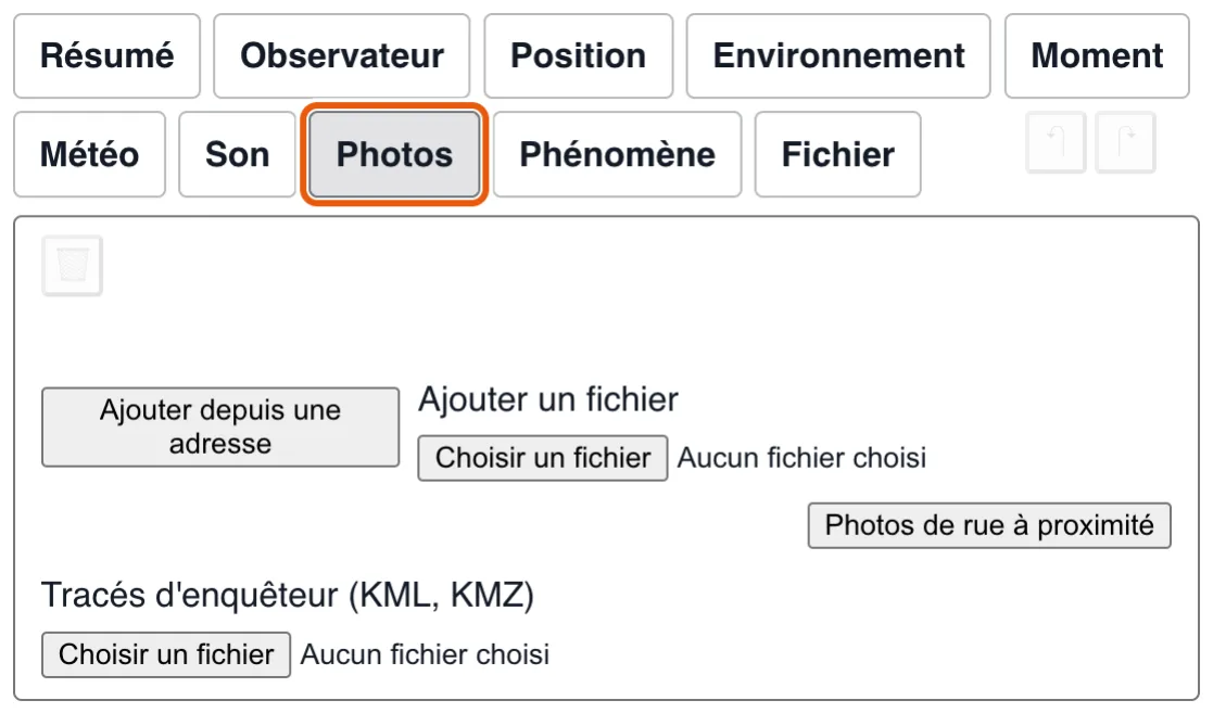 Photos : photographies du lieu, et dessins de l'observateur.