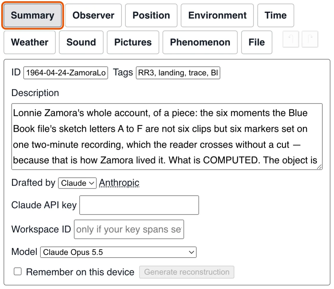 Summary: the identifier, tags and description of the observation.