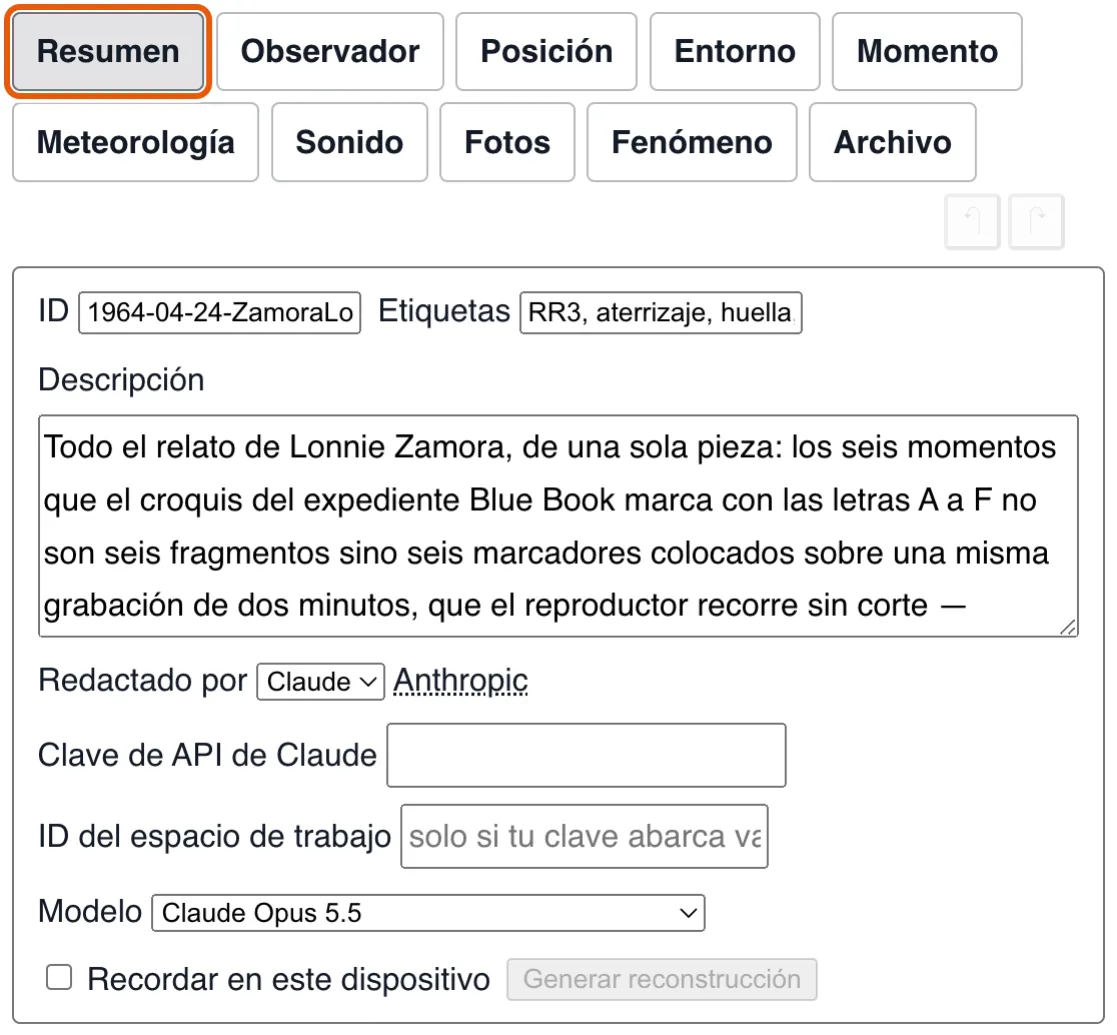 Resumen: el identificador, las etiquetas y la descripción de la observación.