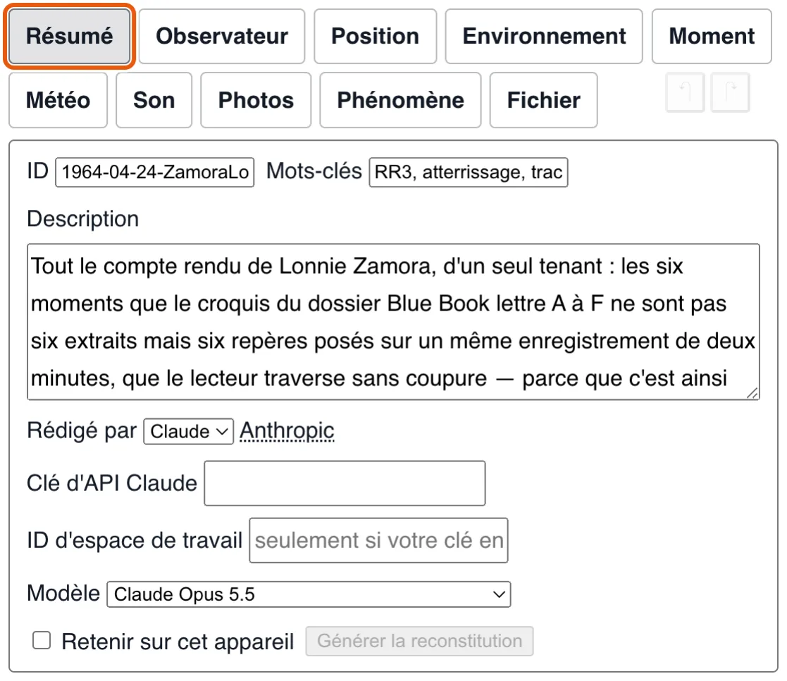 Résumé : l'identifiant, les mots-clés et la description de l'observation.