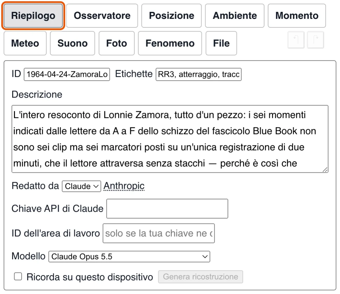 Riepilogo: l'identificatore, le parole chiave e la descrizione dell'osservazione.