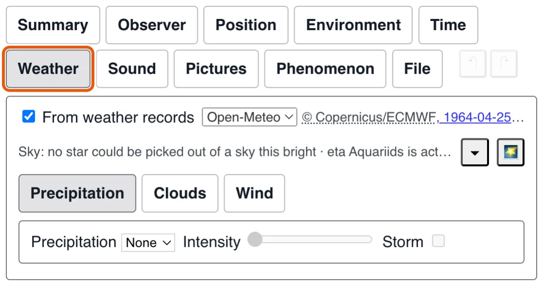 Sky: precipitation, clouds and wind, read from records or stated, and the launches and beams that crossed it.