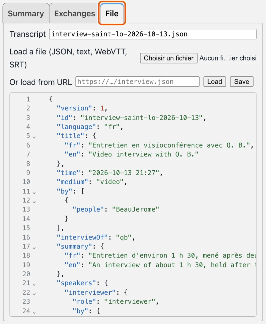 File: the transcript as text, completed from its schema, to load from a file and to save.