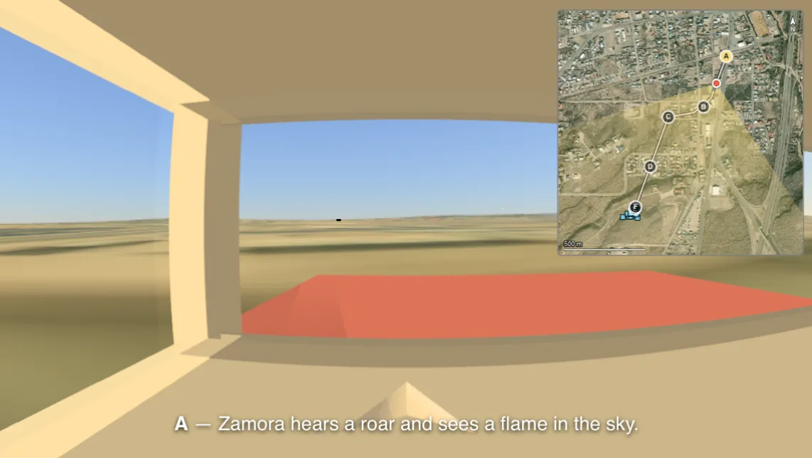 The ground and the decor around the observer, with the map of his walk.