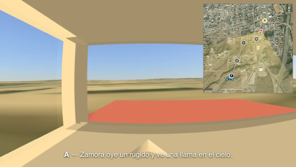 El suelo y el decorado alrededor del observador, con el mapa de su recorrido.