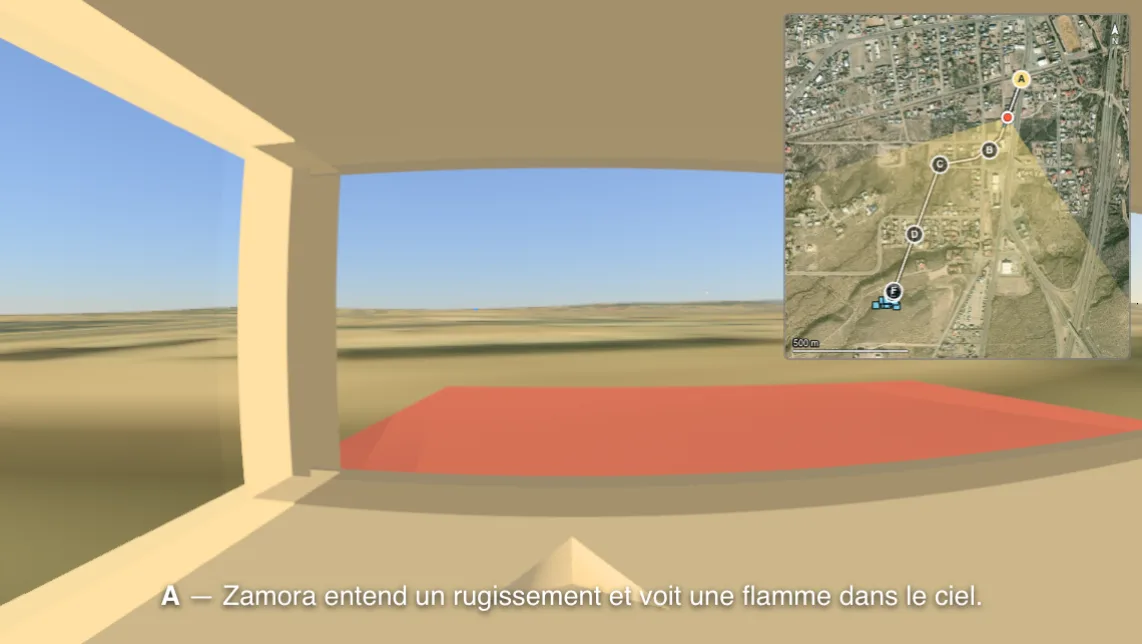 Le sol et le décor autour de l'observateur, avec la carte de son trajet.
