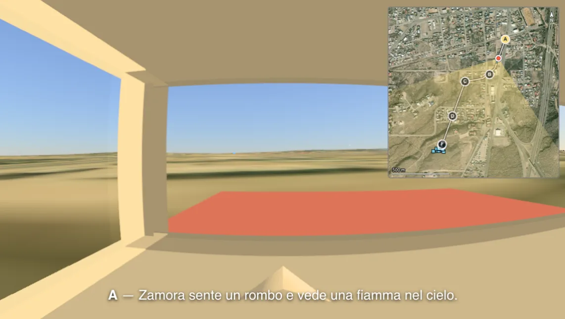 Il terreno e lo scenario intorno all'osservatore, con la mappa del suo percorso.