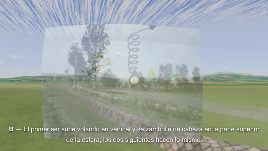 Cussac: la foto de 1968 del lugar, fundida con el render, con la esfera dibujada a mano.
