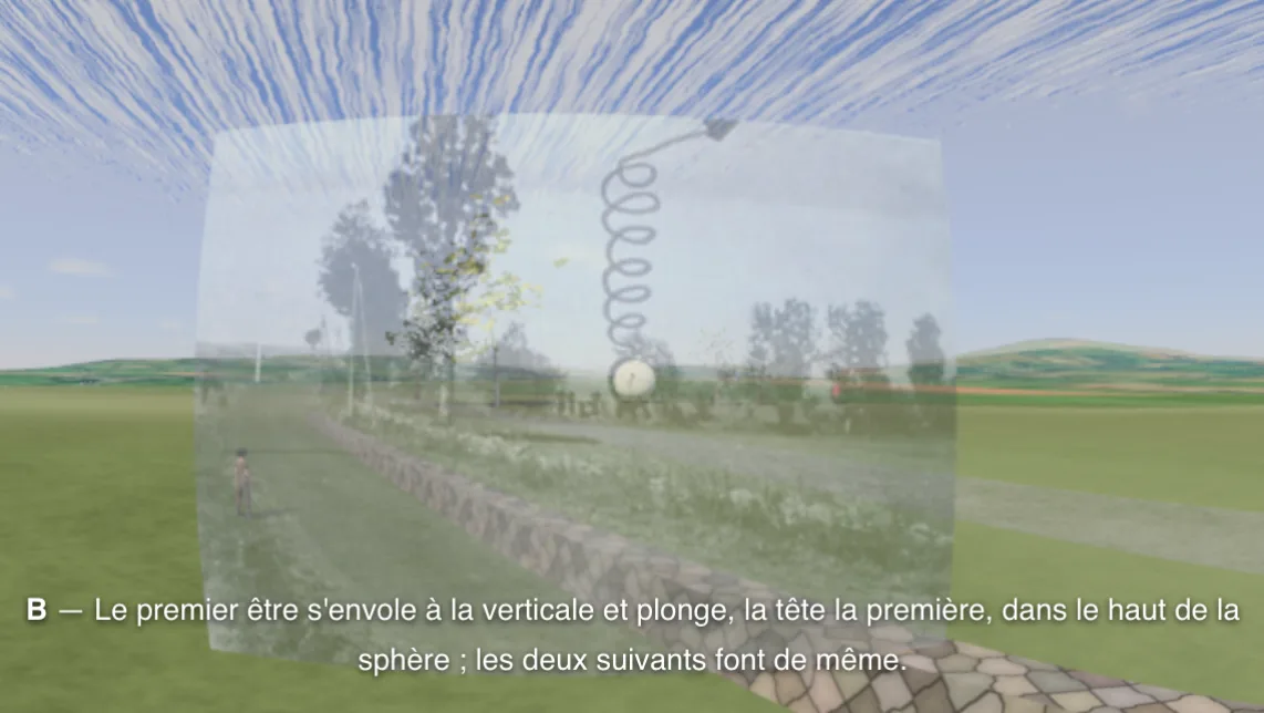 Cussac : la photo de 1968 du lieu, fondue dans le rendu, avec la sphère dessinée à la main.