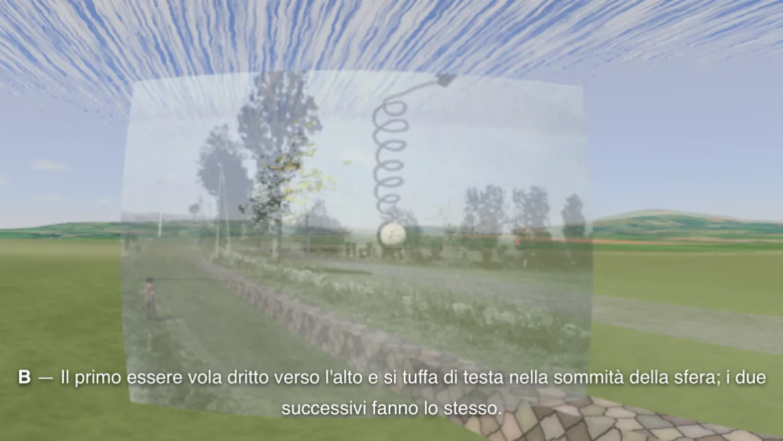 Cussac: la foto del 1968 del luogo, sfumata sul render, con la sfera disegnata a mano.